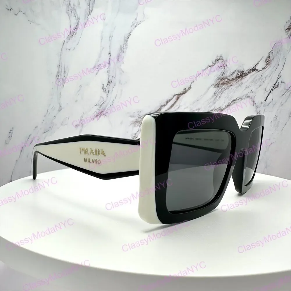 New PRADA Sunglasses Black White Talc Gold Symbole Logo Womens Rectangle